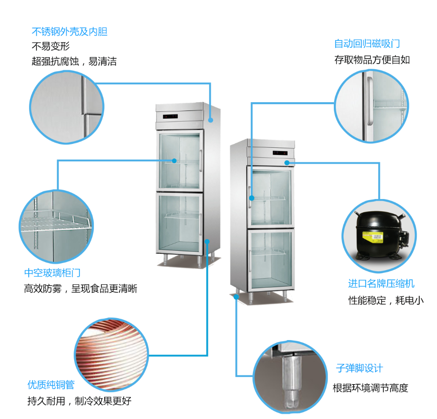 厨房两门立式不锈钢玻璃门冷柜